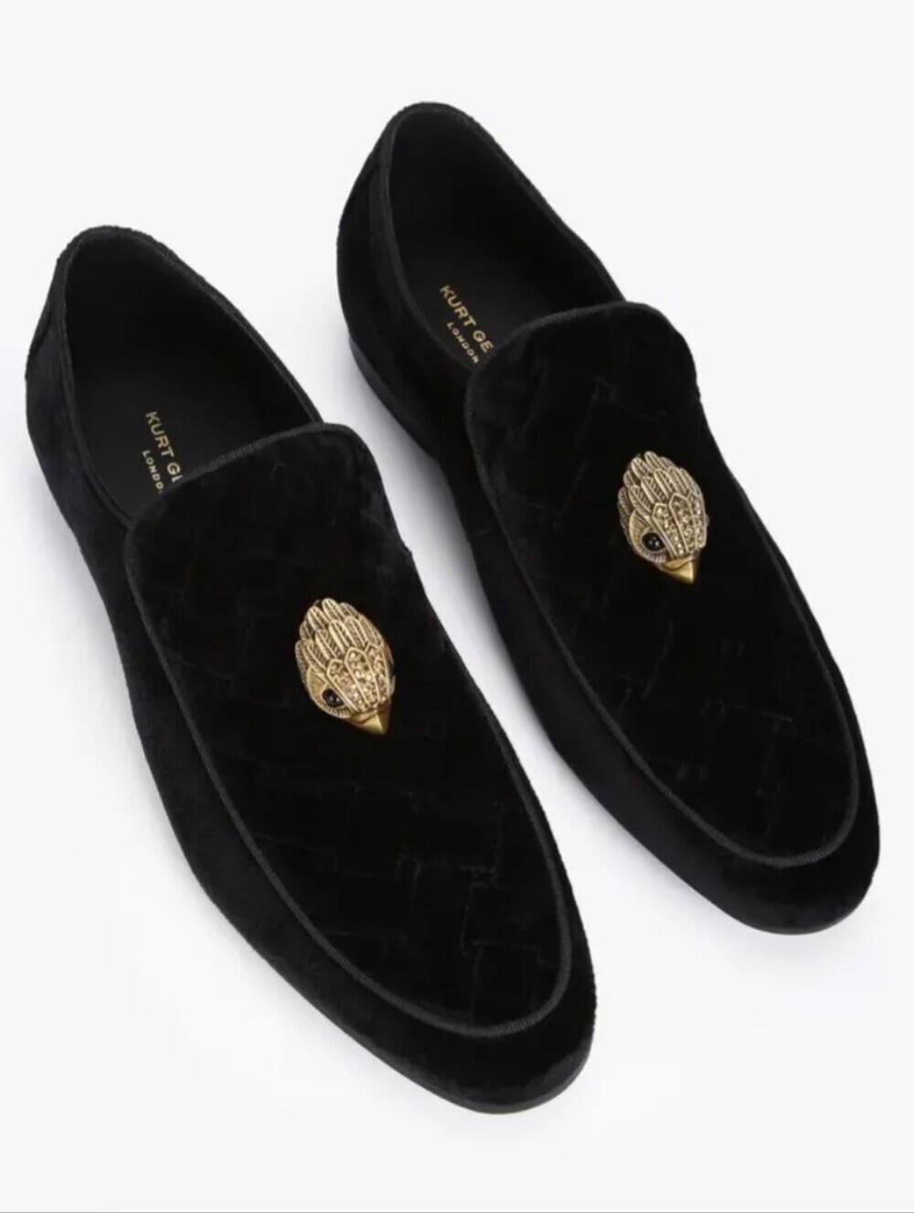 Kurt Geiger Black Velvet Loafers with Gold Crest Detail Size 10/43 1/2